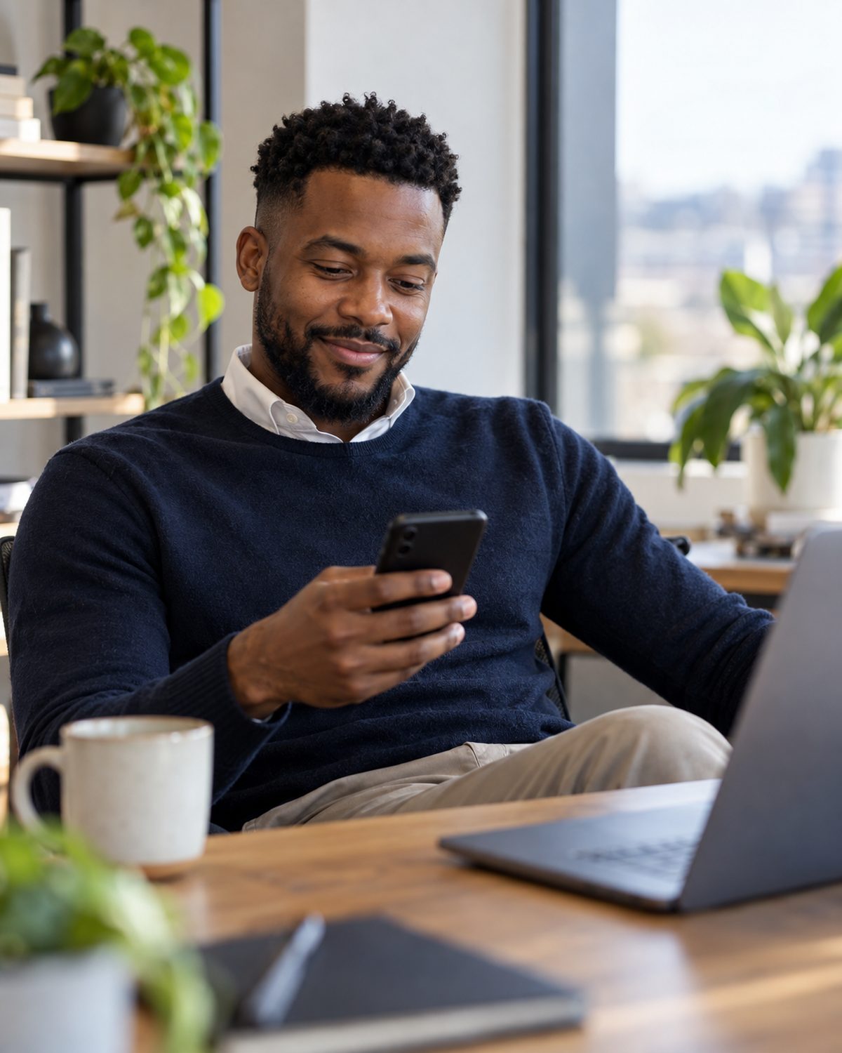 Smiling man in a navy jumper reading a message on his smartphone at a desk in a bright office, with a laptop and coffee mug in front of him